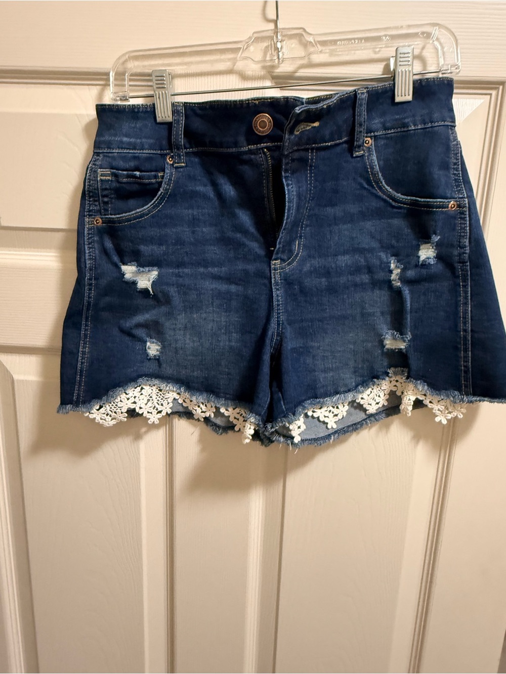 High-Rise Dark Blue Denim Shorts with White Lace Trim